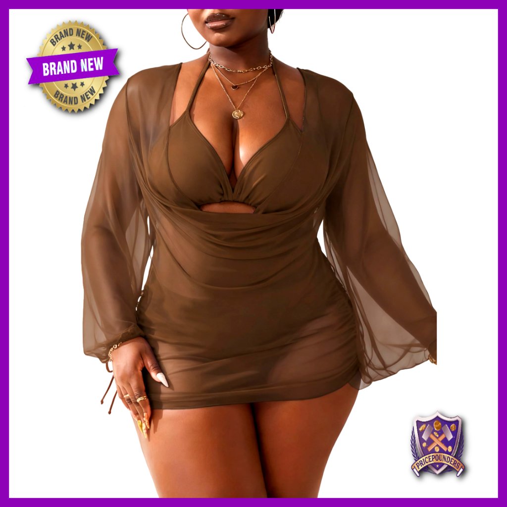 Plus Size 3-Piece Bikini Set With Sheer Cover-Up Halter Triangle